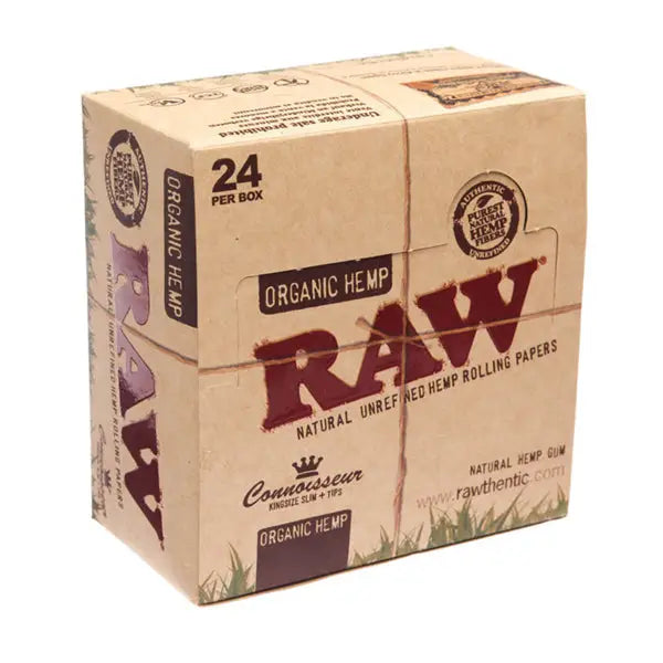24 Raw Organic Hemp King Size Slim Papers + Tips (Connoisseur) - Smoking Products