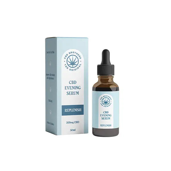 CBD Brothers 300mg CBD Evening Replenish Serum in a bottle and box displayed