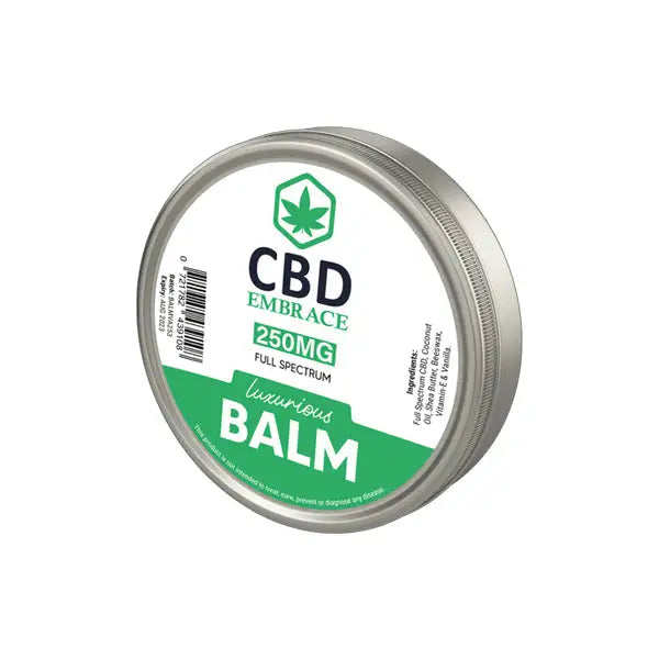 CBD Embrace 250mg Full Spectrum CBD Luxurious Balm in a metal container