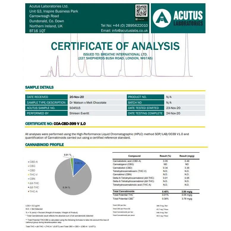 Dr Watson Melt 400mg CBD Dark Chocolate - CBD Products