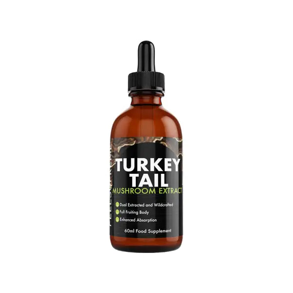 Feel Supreme Turkey Tail Mushroom Liquid Tincture in brown bottle with dropper for wellness