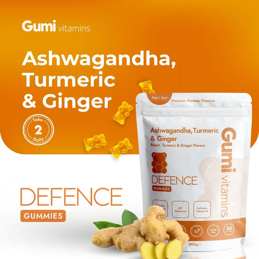 Gumi Vitamins Defence Ashwagandha Turmeric & Ginger Gummies - 60 Gummies - Nootropics & Supplements