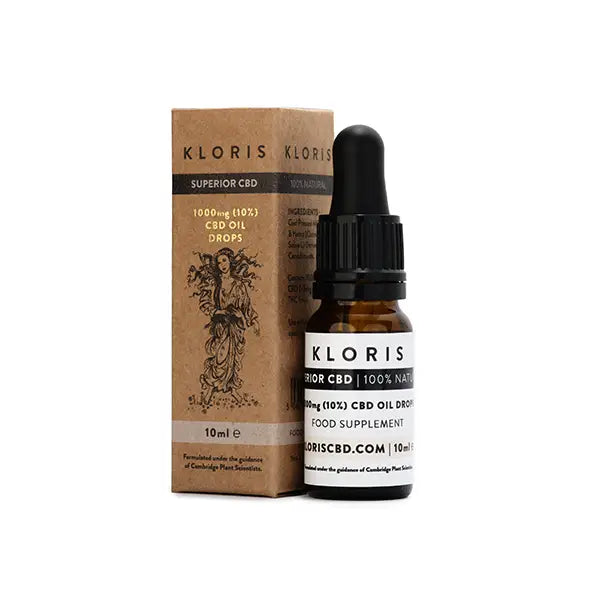 Kloris 1000mg CBD Oil Drops with packaging in a sleek 10ml bottle