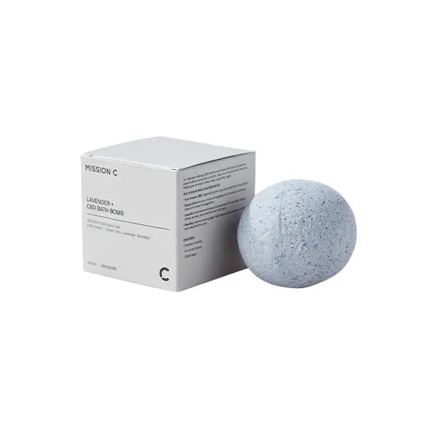 Lavender CBD bath bomb and box from Mission C, containing 100mg CBD for relaxation