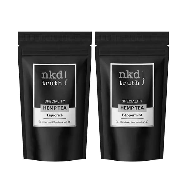 Two black bags of hemp tea in package NKD 10mg CBD Wellness Tea 40g