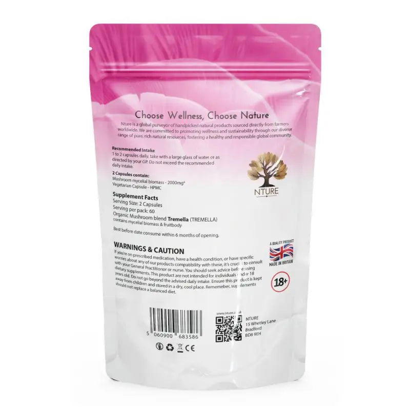 NTURE 2000mg Tremella Mushroom Capsules - 60 Caps - Nootropics & Supplements