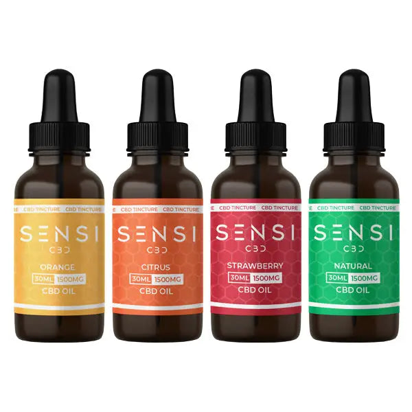 Four bottles of Sensi CBD 1500mg Broad-Spectrum Tincture Oil displayed