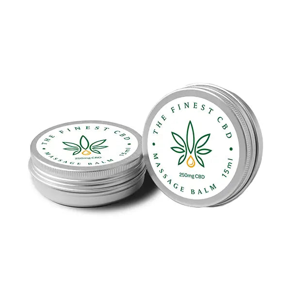 Two silver tins of The Finest Balm 250mg CBD Massage Balm 15ml displayed