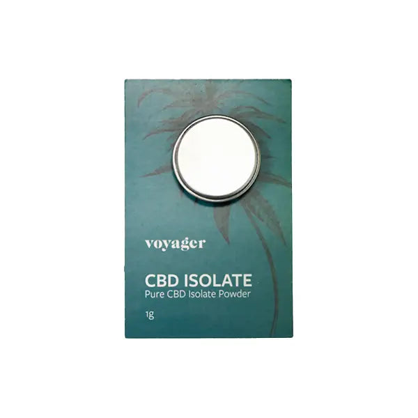 CBD isolate powder in teal packaging for Voyager 99.5% CBD Isolate 1g product