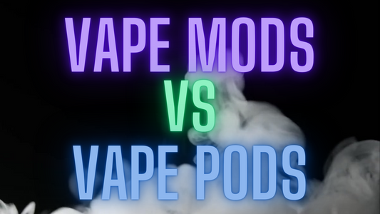 purple, green and blue neon style text saying Vape Mods vs Vape Pods with a cloud of vapor smoke in the background