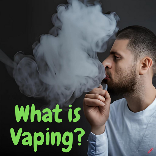 side profile of man in white t-shirt blowing a cloud of vapor with green text saying What is Vaping?
