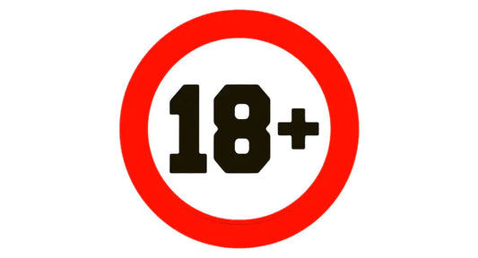 red circle with black 18+ writing in the middle indicating that it is meant for over 18s only