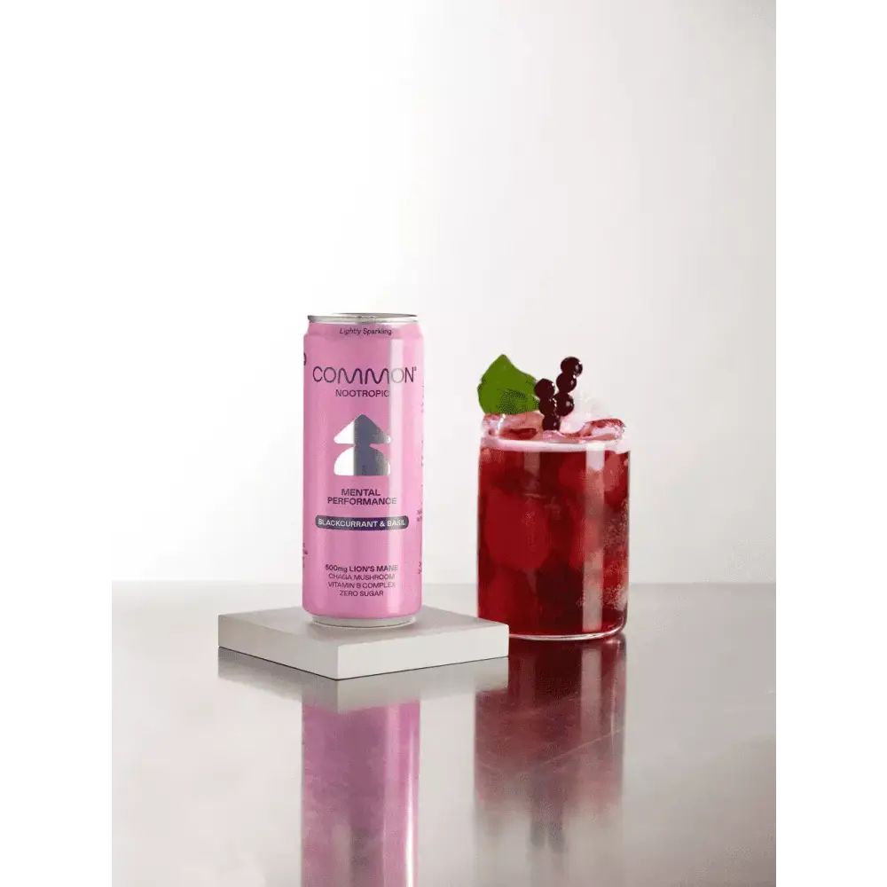 12 x COMMON 500mg Lion’s Mane & Chage Vitamin Drink Blackcurrant & Basil Flavour - 330ml Cans - Nootropics & Supplements