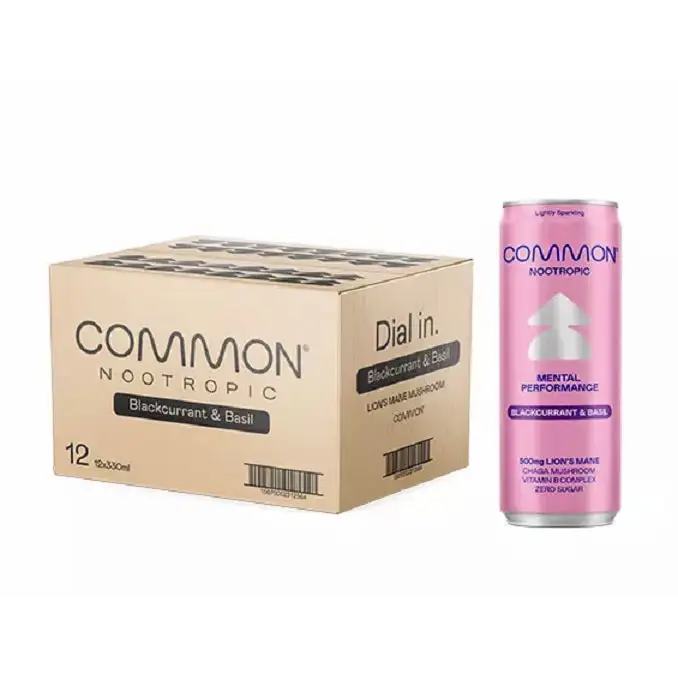 12 x COMMON 500mg Lion’s Mane & Chage Vitamin Drink Blackcurrant & Basil Flavour - 330ml Cans - Nootropics & Supplements