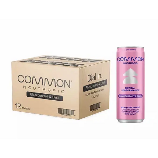 12 x COMMON 500mg Lion’s Mane & Chage Vitamin Drink Blackcurrant & Basil Flavour - 330ml Cans - Nootropics & Supplements