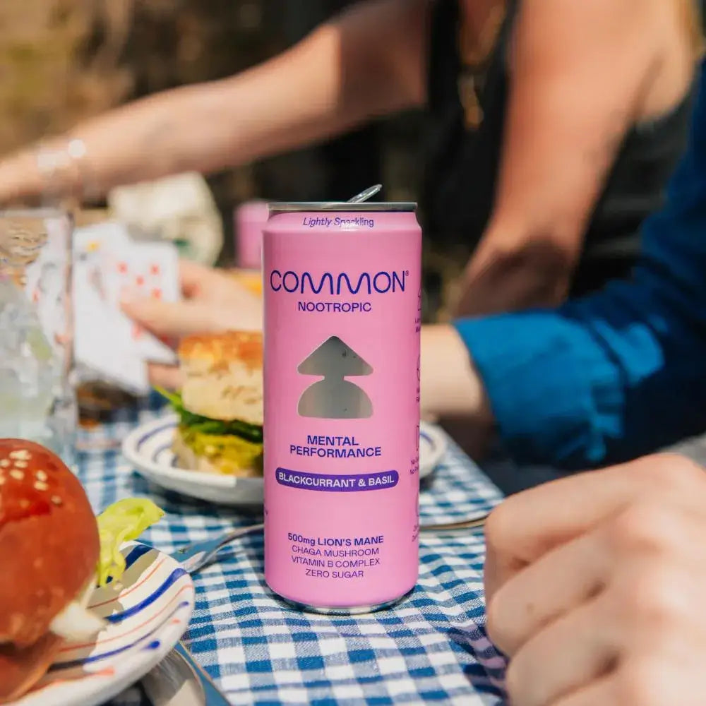 12 x COMMON 500mg Lion’s Mane & Chage Vitamin Drink Blackcurrant & Basil Flavour - 330ml Cans - Nootropics & Supplements