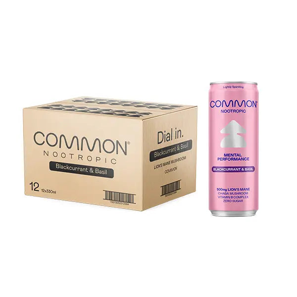 12 x COMMON 500mg Lion’s Mane & Chage Vitamin Drink Blackcurrant & Basil Flavour - 330ml Cans - Nootropics & Supplements
