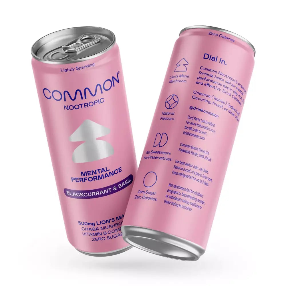 12 x COMMON 500mg Lion’s Mane & Chage Vitamin Drink Blackcurrant & Basil Flavour - 330ml Cans - Nootropics & Supplements