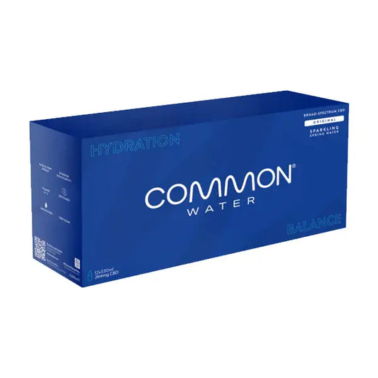 Blue box of Common Water for 12-pack of Broad Spectrum 22mg CBD Sparkling Water