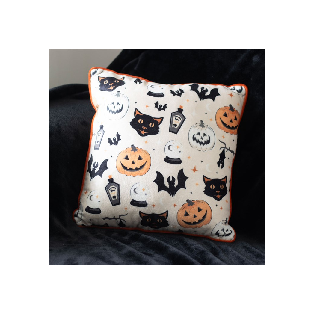 35cm Square Spooky Cat and Pumpkin Print Cushion