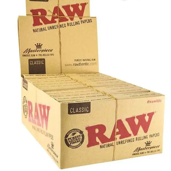24 Raw Classic King Size Slim Rolling Papers + Tips (Connoisseur) - Smoking Products