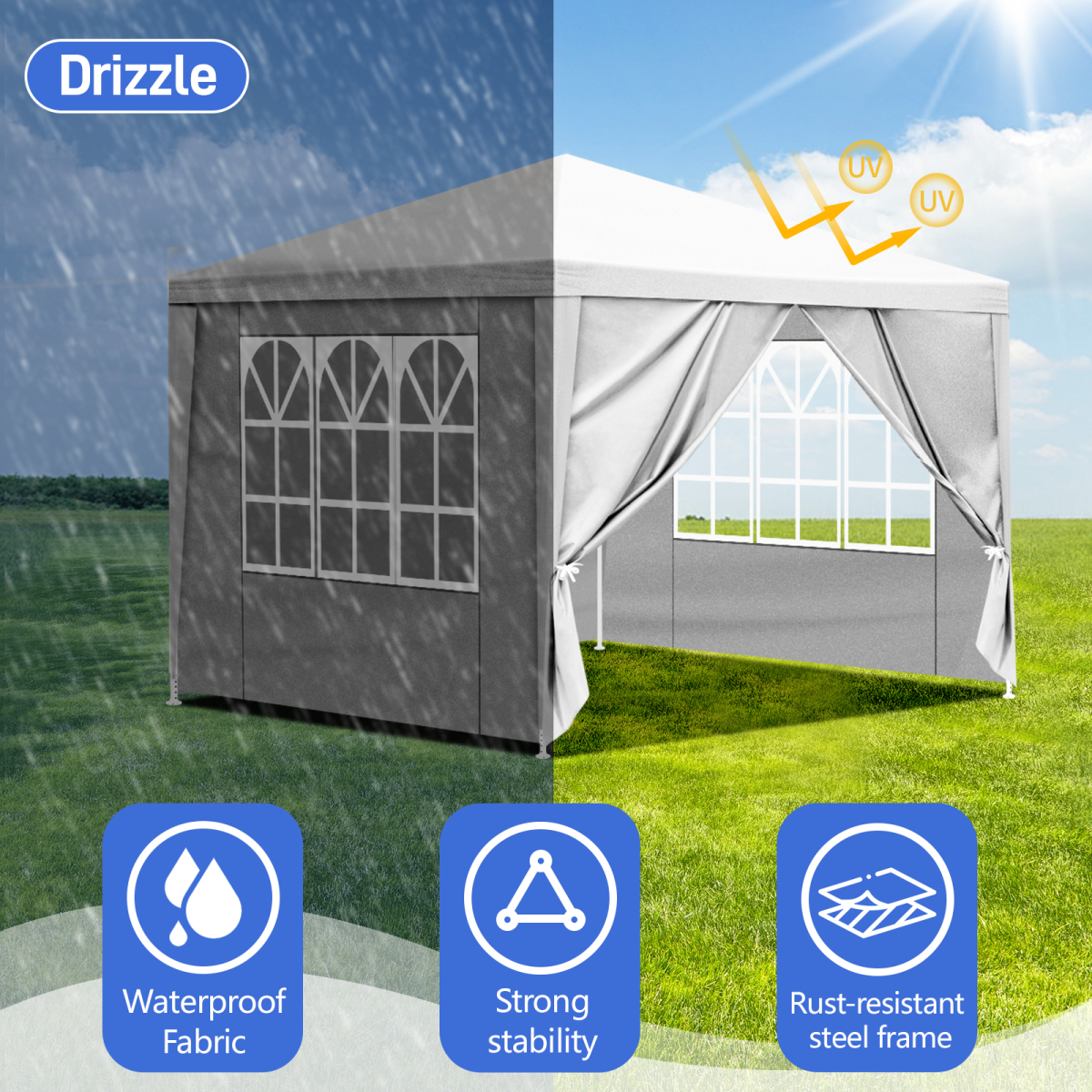 3 x 3m Four Sides Portable Home Use Waterproof Tent with Spiral Tubes White - The Magic Elf