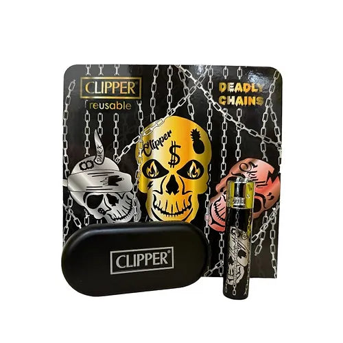 12 Clipper CMP11RH Large Metal Deadly Chains Flint Lighter + Display Box