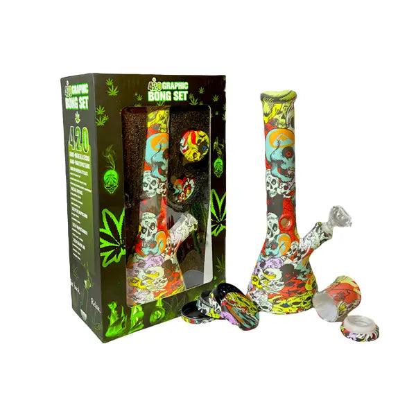 420 Graphic Glass Bong Set 14’’ + 50mm 4Part Grinder + Stash Jar- OSH114 - GS1194 - Smoking Products