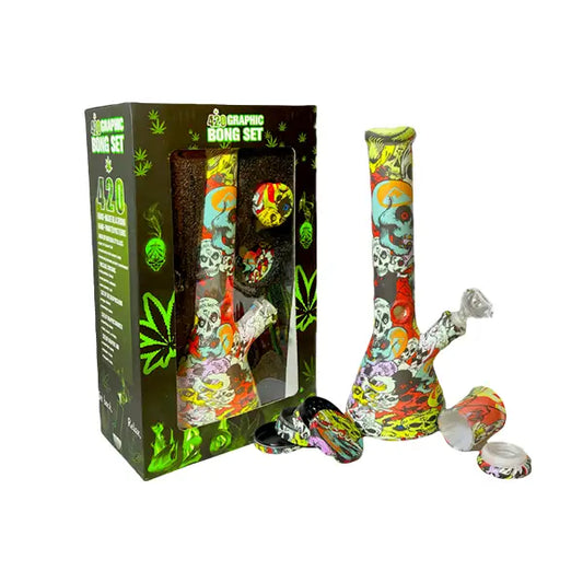 420 Graphic Glass Bong Set 14’’ + 50mm 4Part Grinder + Stash Jar- OSH114 - GS1194 - Smoking Products