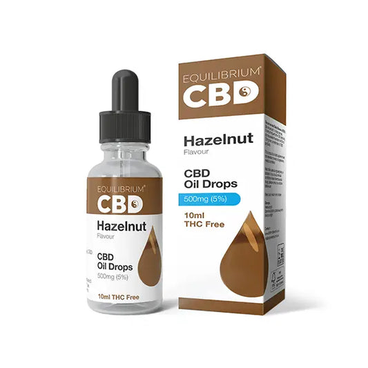 Hazelnut flavored CBD oil drops in a 500mg Equilibrium CBD Oil 10ml bottle