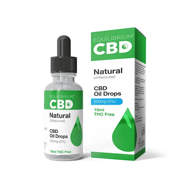 CBD oil drops with packaging for 500mg Equilibrium CBD Oil 10ml Natural Flavour