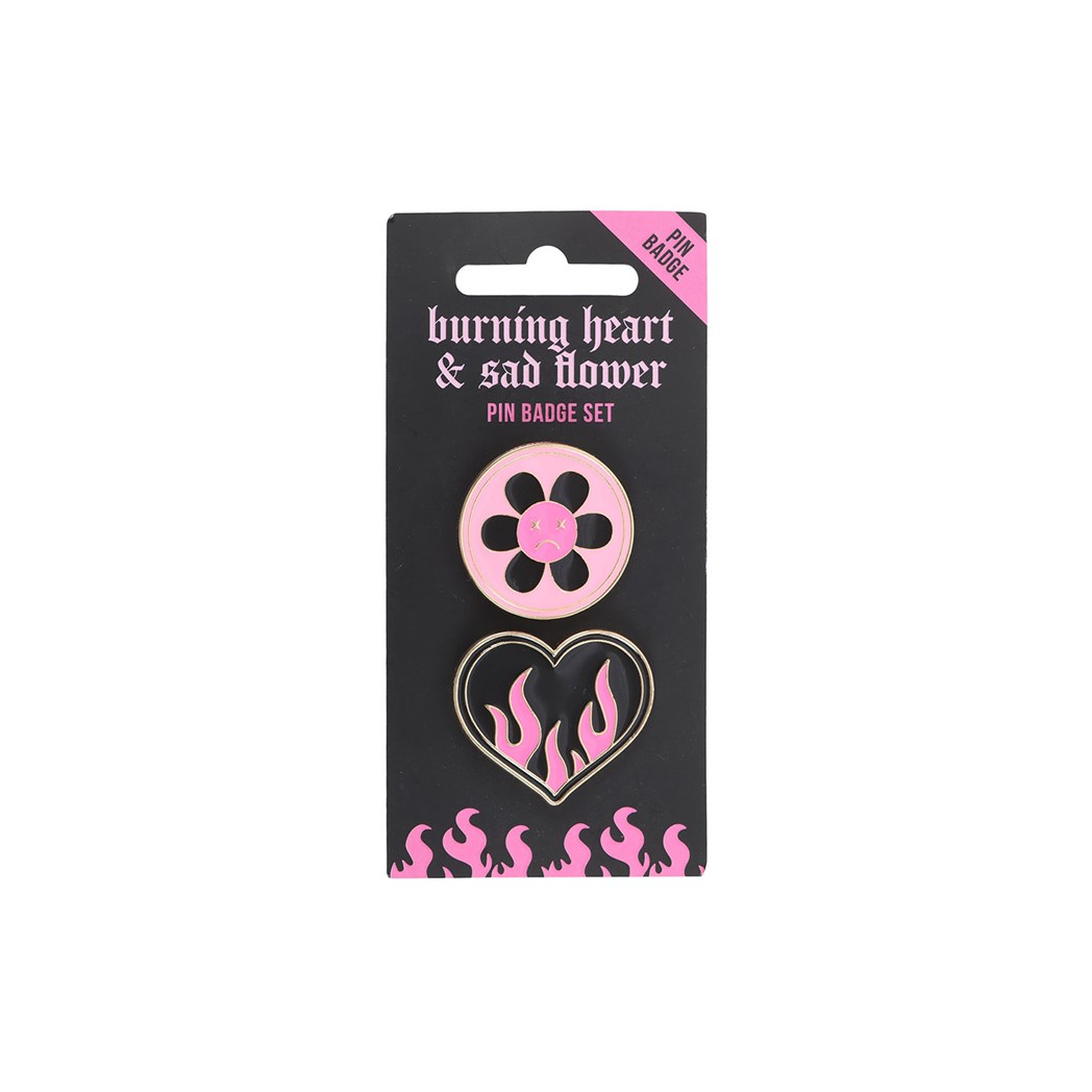 Burning Heart and Sad Flower Pin Badge Set
