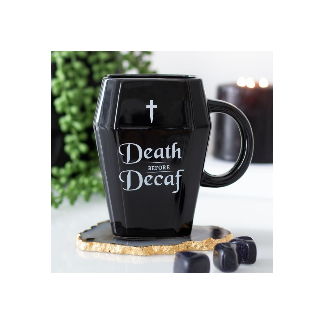 Death Before Decaf Coffin Mug