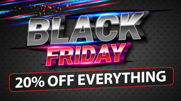 Black Friday sale banner with colorful text on a dark background