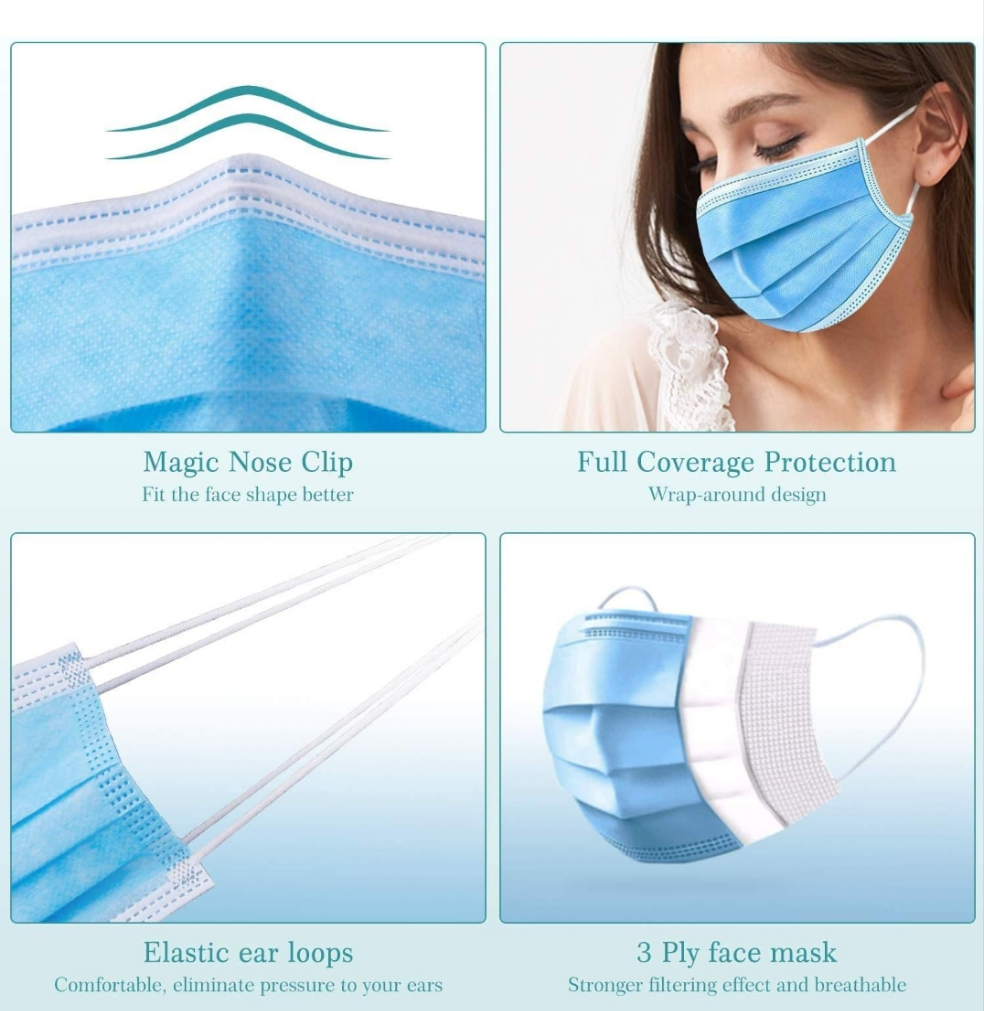 3 Ply Disposable Dust Masks with Reinforced Nose Bridge for Decorating, Crafts, Construction, Food Preparation and Nail Technicians - Blue/White