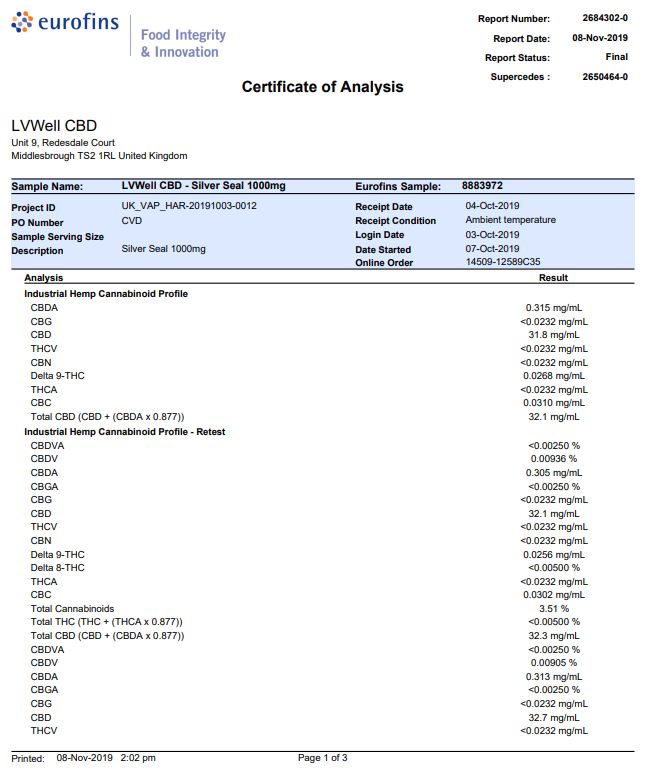 LVWell CBD Silver Seal 1000mg 30ml Hemp Seed Oil