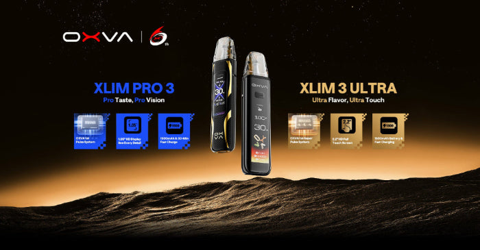 OXVA vaping devices with 'XLIM PRO 3' and 'XLIM 3 ULTRA' on a desert landscape background