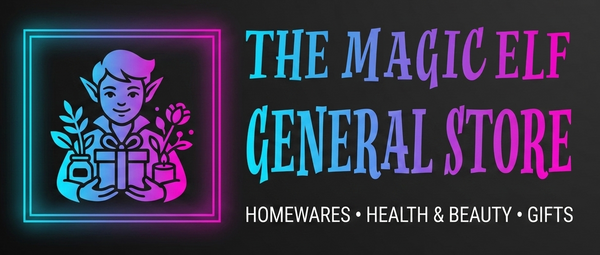 Neon sign for 'The Magic Elf General Store' with an elf illustration on a black background.