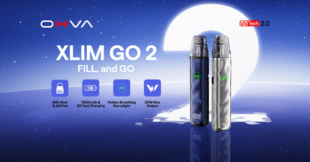 OXVA Xlim Go 2 vape device on a blue background with moon and stars.