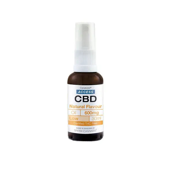 CBD natural flavor oil in a brown bottle with white pump for Access CBD 600mg Broad Spectrum Oil