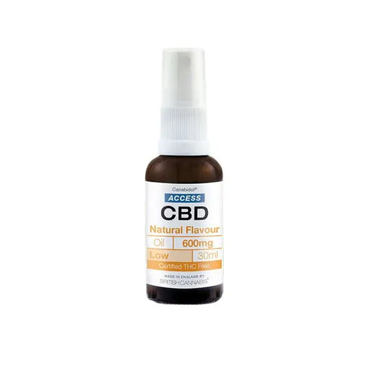 CBD natural flavor oil in a brown bottle with white pump for Access CBD 600mg Broad Spectrum Oil