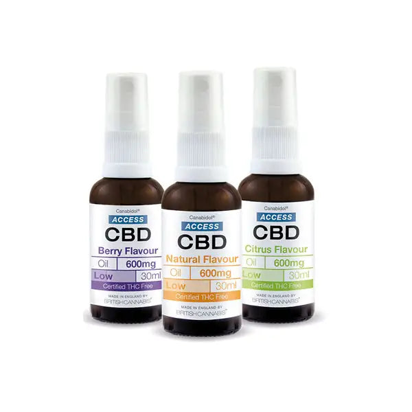 Three bottles of Access CBD 600mg Broad Spectrum CBD Oil in a 30ml container