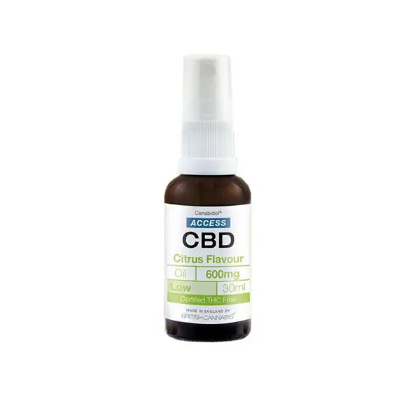 CBD citrus flavor oil bottle from Access CBD 600mg Broad Spectrum Oil 30ml