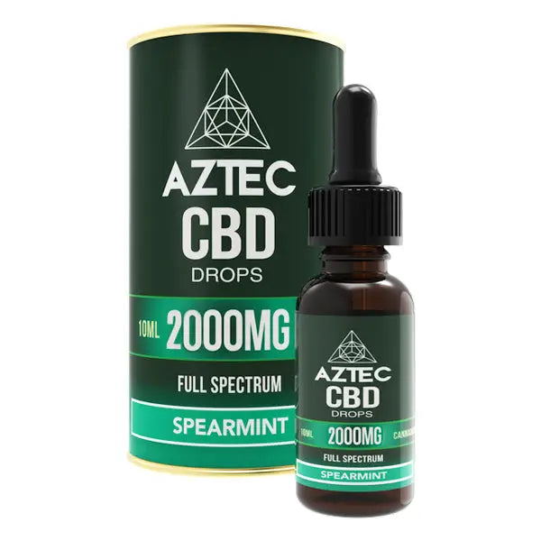 Aztec CBD Spearmint Drops displayed with Aztec CBD Full Spectrum Hemp Oil 2000mg CBD 10ml