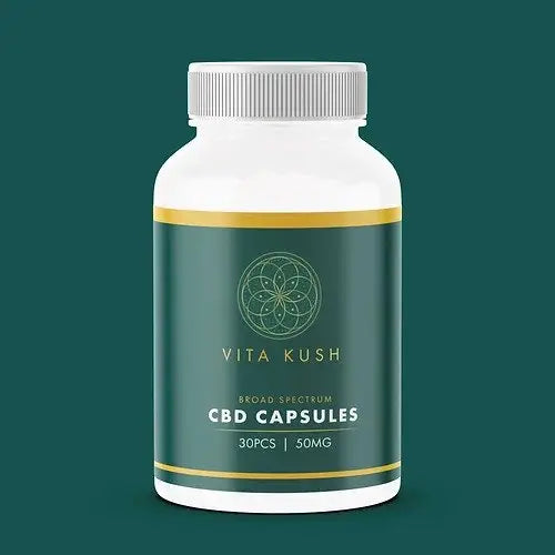 White bottle of CBD capsules containing 50mg per capsule, 30 pieces included