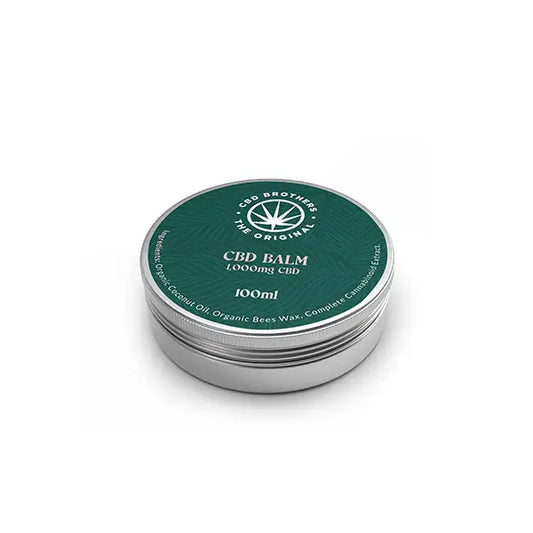 CBD Brothers 1000mg CBD Balm in a silver tin, 100ml premium cannabis skincare product