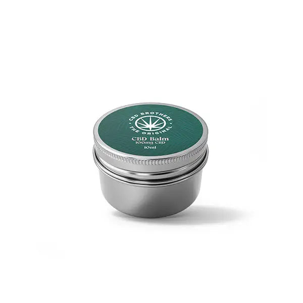 CBD Brothers 100mg CBD Balm in a metal container trial size 10ml, skincare product