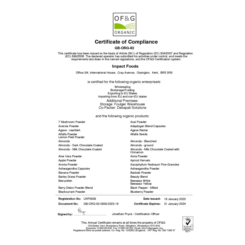 Organic compliance certificate for CBD Brothers 100mg CBD Balm Trial Size 10ml