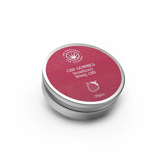 Round tin of Strawberry CBD Gummies from CBD Brothers containing 1250mg CBD and 30 pieces