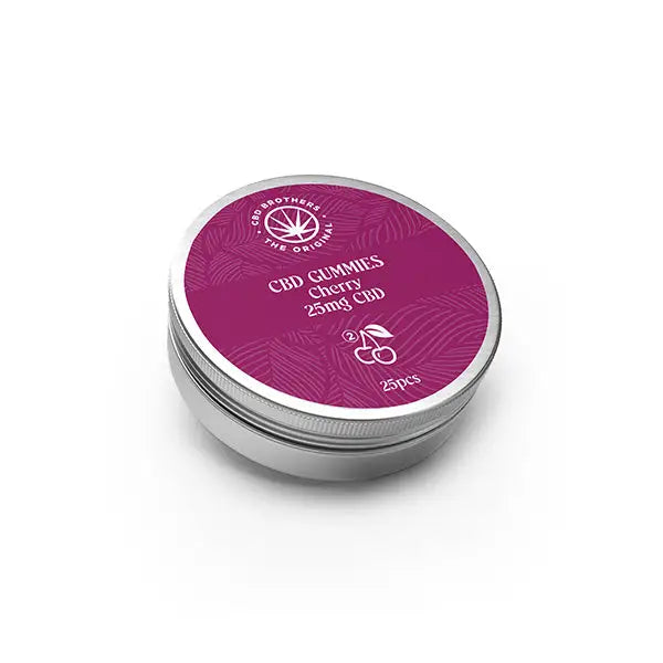 Round tin of CBD Brothers 625mg Cherry Gummies displayed in packaging with 30 pieces